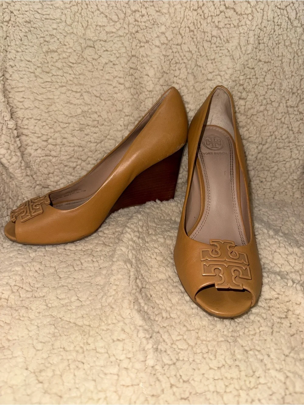 Tory Burch Cognac Leather Peep-Toe Wedge Pumps